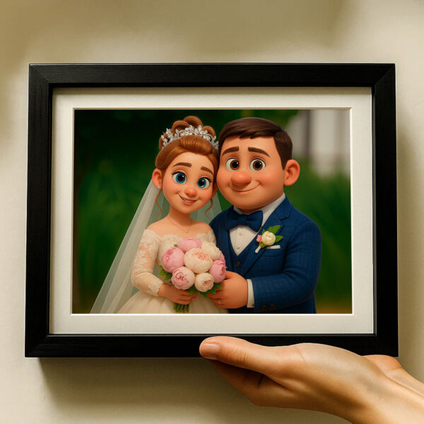 Charming Cartoon Wedding Portrait of a Bride and Groom in Whimsical Art Style for Your Home Decor - Image 5