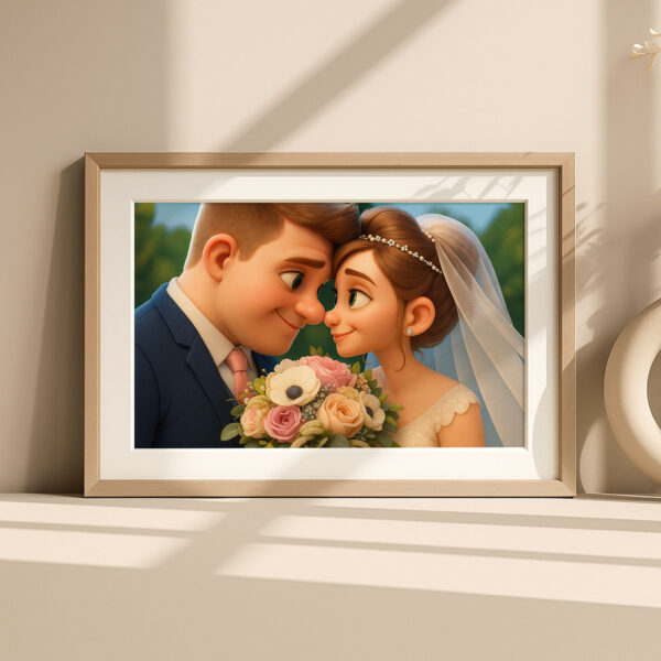 Charming Cartoon Wedding Portrait of Happy Couple in Vibrant Animation Style - Ideal for Home Decor - Image 5