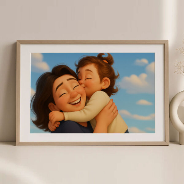Heartwarming Cartoon Painting of a Girl and Her Mother Embracing on the Beach – Perfect Gift for Family Love - Image 5