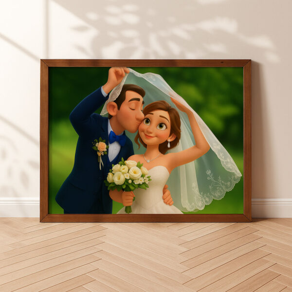 Charming Cartoon Wedding Art Print: Beautiful Bride and Groom in Vibrant Animation Style for Your Home Décor - Image 5