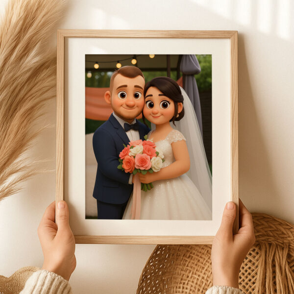 Whimsical Wedding Portrait: Charming Animated Style Art of Bride and Groom Embracing, Perfect for Love Celebrations - Image 5