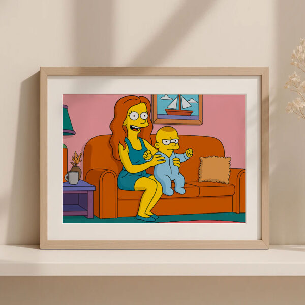 Charming Family Art: Simpsons-Inspired Illustration of a Mother Holding Her Baby in a Cozy Living Room Setting - Image 5