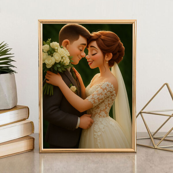 Charming Cartoon Wedding Portrait: Joyful Couple Embracing with Flowers in a Whimsical Art Style - Image 6