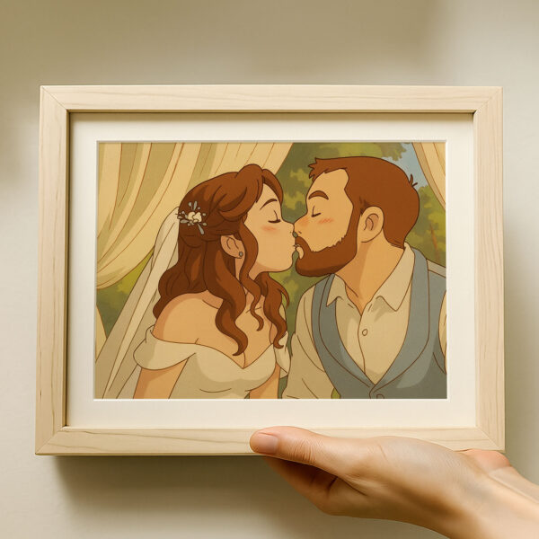 Romantic Cartoon Wedding Kiss Art Print - Elegant Couple Illustration for Home Décor - Image 6