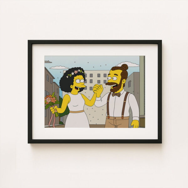 Whimsical Cartoon Wedding Art Print Featuring Cheerful Couple in Unique Animated Style - Image 6