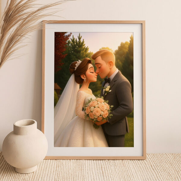 Charming Cartoon Wedding Portrait of a Loving Couple – Perfect for Home Decor and Gifts - Image 6