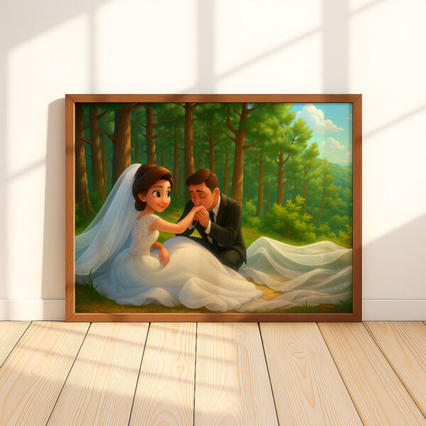 Whimsical Disney-Inspired Wedding Art Print of Loving Couple in Romantic Setting - Image 6