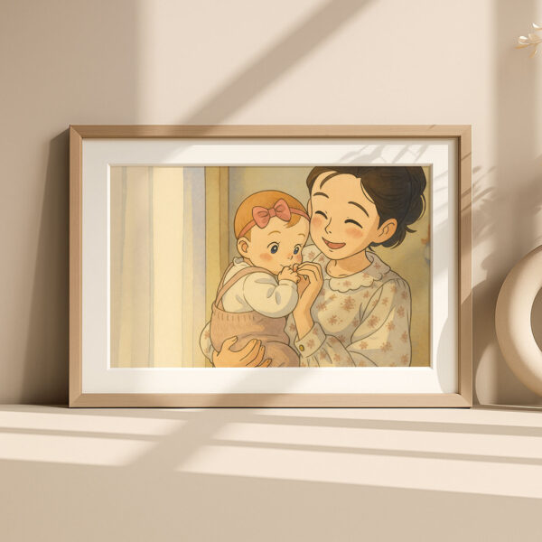 Sweet Embrace: Charming Illustrated Art Print of a Mother and Baby Bonding in Warm Tones for Cozy Home Decor - Image 6