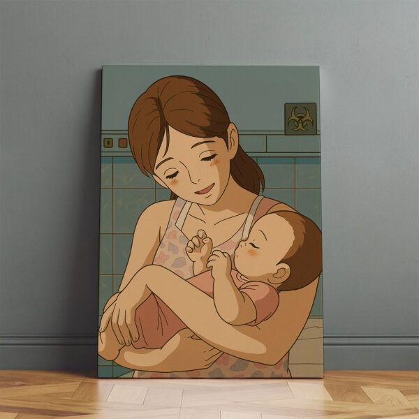 Heartwarming Illustrated Art: Mother Hugging Baby in Cozy Orange Blanket – Perfect for Nursery Decor and Gift Ideas - Image 6