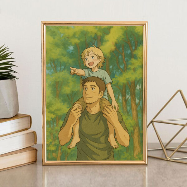 Charming Cartoon Style Artwork of Father and Son Enjoying Nature - Perfect for Family and Kids' Room Decor - Image 6