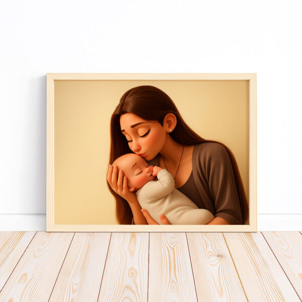 Heartwarming Cartoon Art Print of Mother and Baby Cherishing a Sweet Moment Together – Perfect Decor for Nursery and Home - Image 6