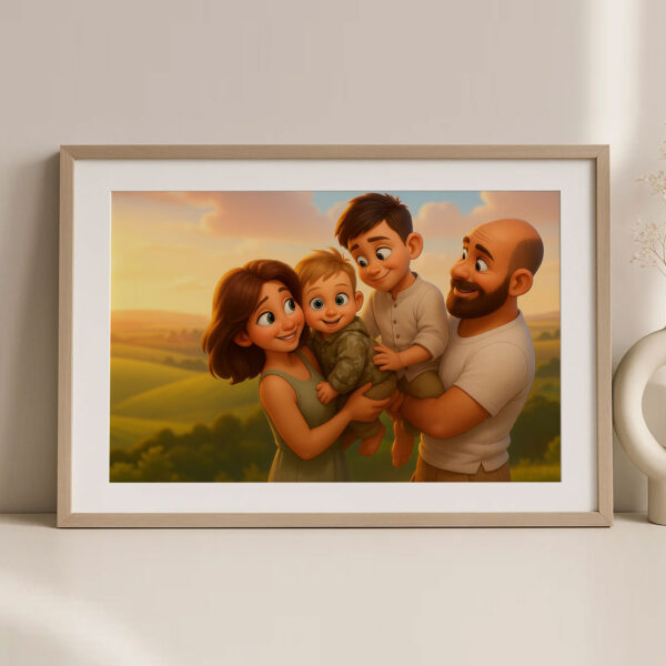 Charming Family Portrait Art: Whimsical Cartoon Style with Happy Kids and Loving Parents - Image 6