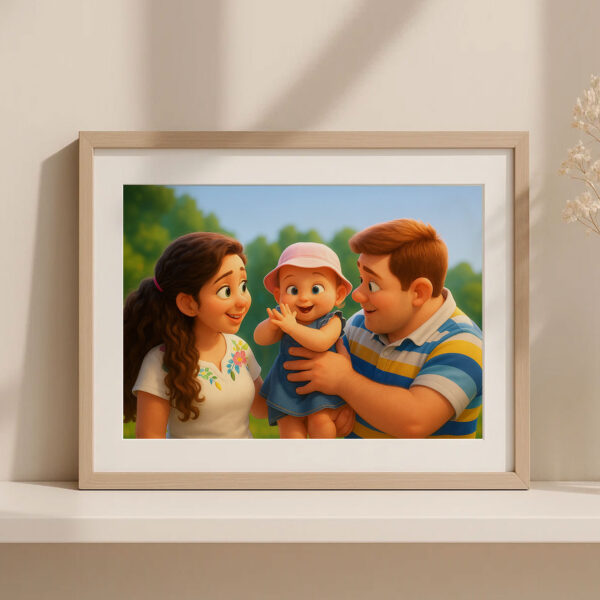 Charming Family Portrait: Heartwarming Cartoon Art Featuring Joyful Parents and Baby - Image 5