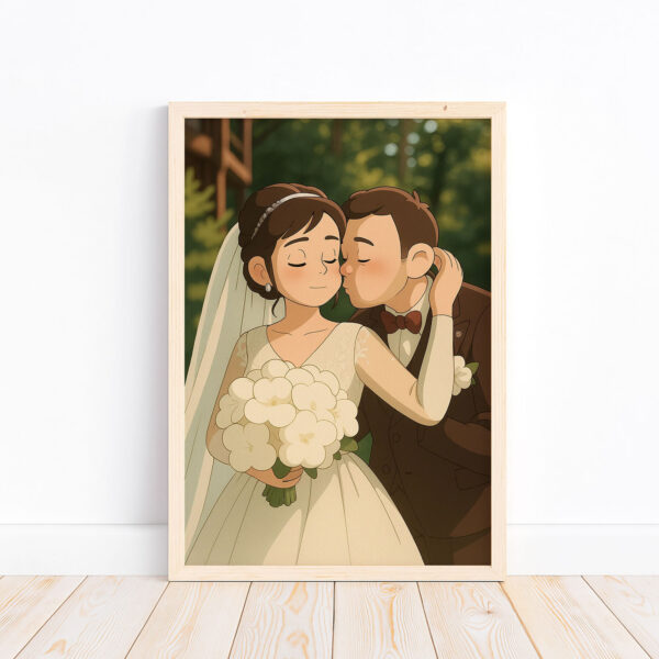 Charming Vintage Wedding Art Print: Joyful Couple in Elegant Attire with Floral Bouquet - Image 6