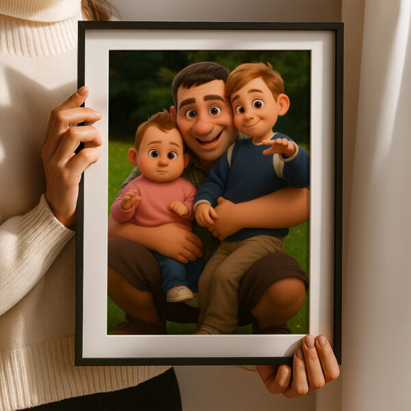 Charming Family Portrait Artwork: Heartwarming Animated Style Capture of Dad with Kids - Image 6