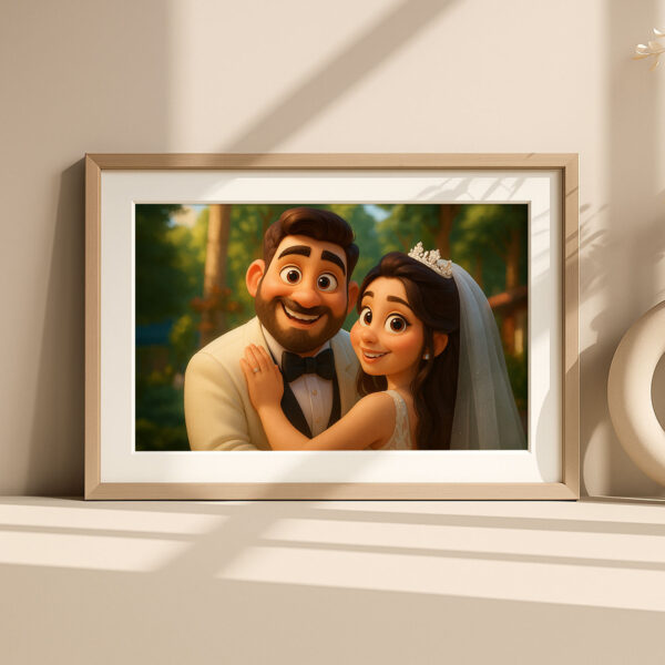Charming Cartoon Wedding Portrait of a Bride and Groom in Whimsical Art Style for Your Home Decor - Image 6