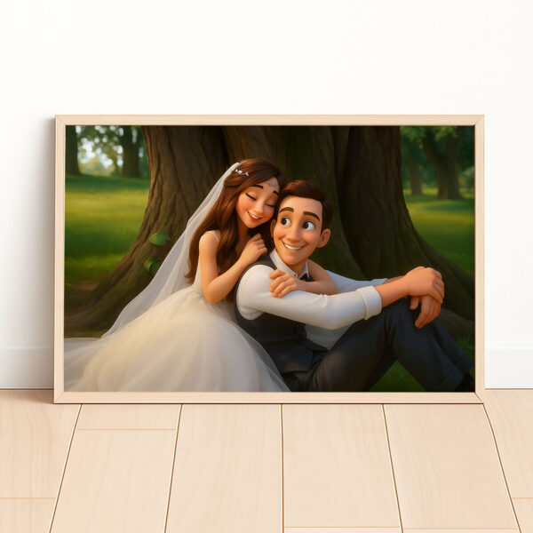 Charming Cartoon Wedding Portrait of a Bride and Groom in a Lush Forest Setting - Image 6