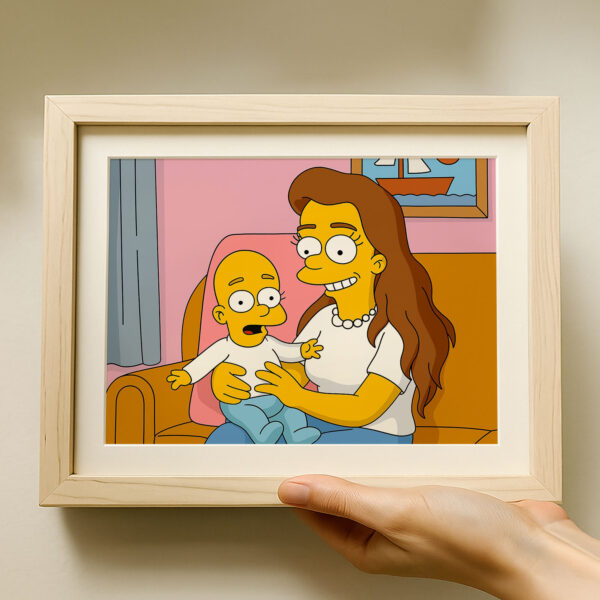 Charming Family Art: Simpsons-Inspired Illustration of a Mother Holding Her Baby in a Cozy Living Room Setting - Image 6