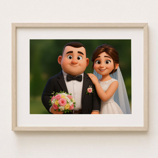 Charming Cartoon Wedding Portrait of Happy Couple in Vibrant Animation Style - Ideal for Home Decor - Image 6