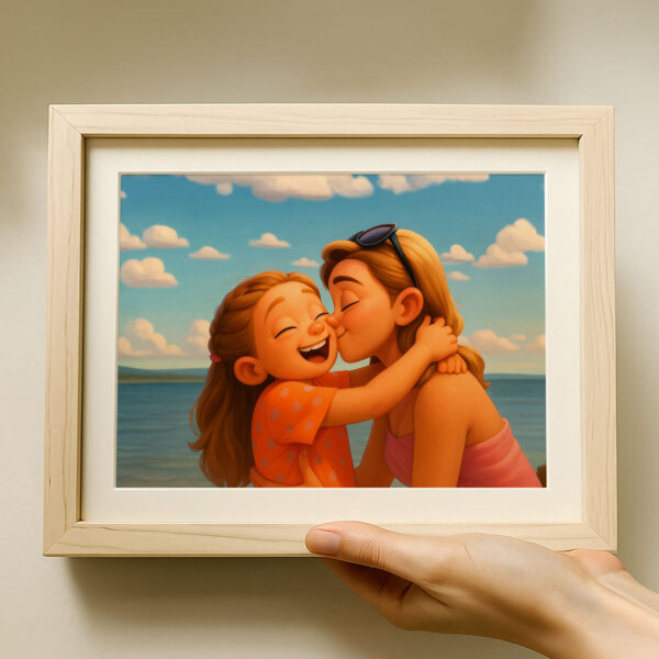 Heartwarming Cartoon Painting of a Girl and Her Mother Embracing on the Beach – Perfect Gift for Family Love - Image 6