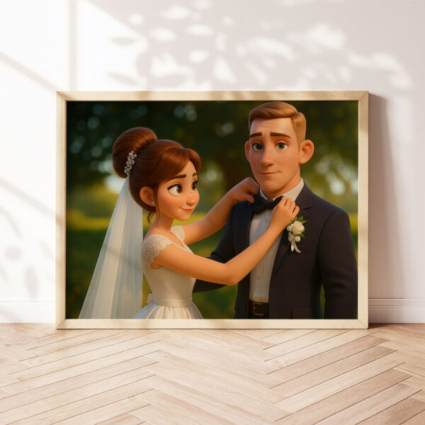 Charming Cartoon Wedding Art Print: Beautiful Bride and Groom in Vibrant Animation Style for Your Home Décor - Image 6