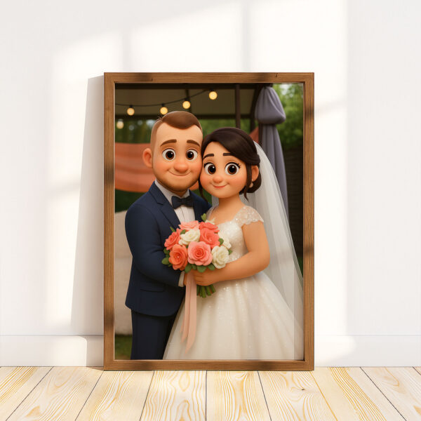 Whimsical Wedding Portrait: Charming Animated Style Art of Bride and Groom Embracing, Perfect for Love Celebrations - Image 6