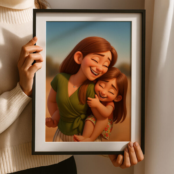 Charming Cartoon Family Portrait of Mother and Daughter Embracing in Joyful Moment - Image 6