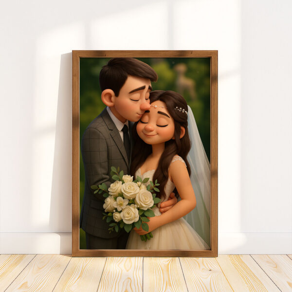 Charming Cartoon Wedding Portrait: Joyful Couple Embracing with Flowers in a Whimsical Art Style - Image 7
