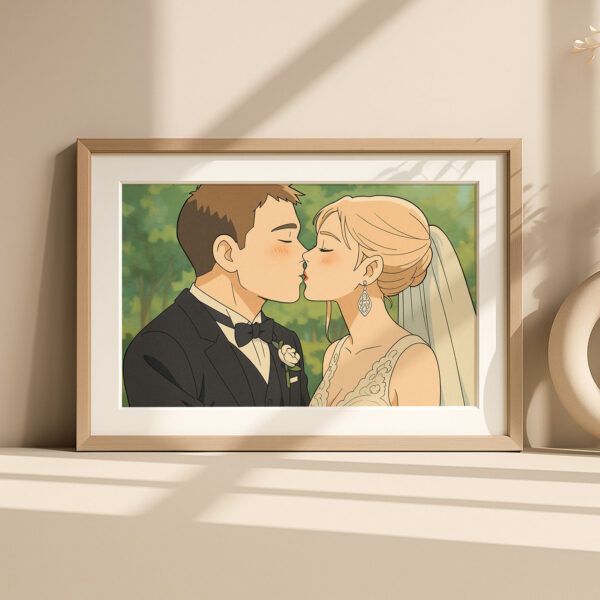 Romantic Cartoon Wedding Kiss Art Print - Elegant Couple Illustration for Home Décor - Image 7