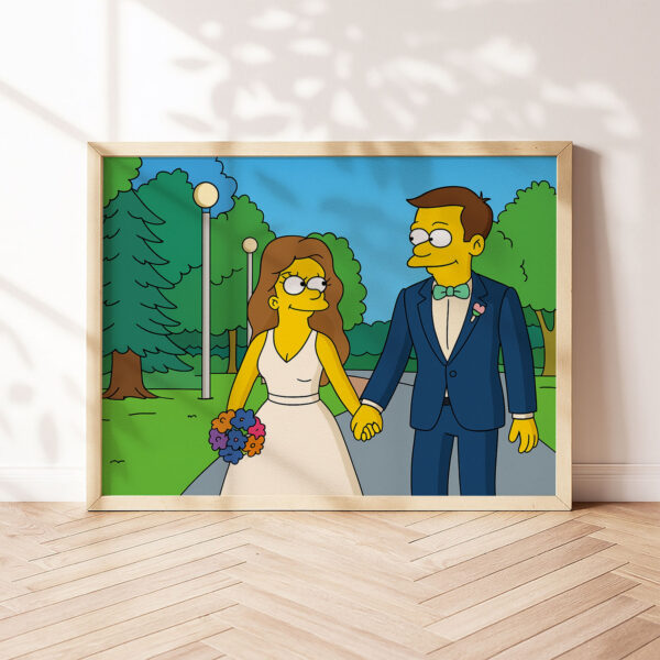 Whimsical Cartoon Wedding Art Print Featuring Cheerful Couple in Unique Animated Style - Image 7