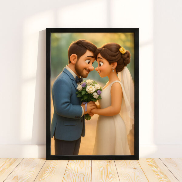 Charming Cartoon Wedding Portrait of a Loving Couple – Perfect for Home Decor and Gifts - Image 7