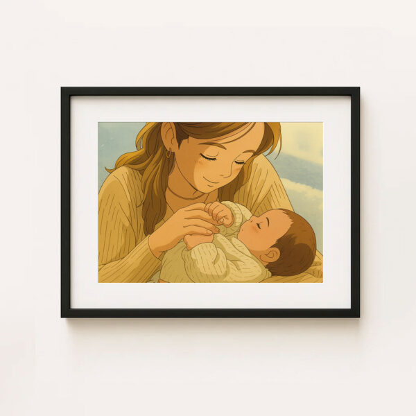 Sweet Embrace: Charming Illustrated Art Print of a Mother and Baby Bonding in Warm Tones for Cozy Home Decor - Image 7