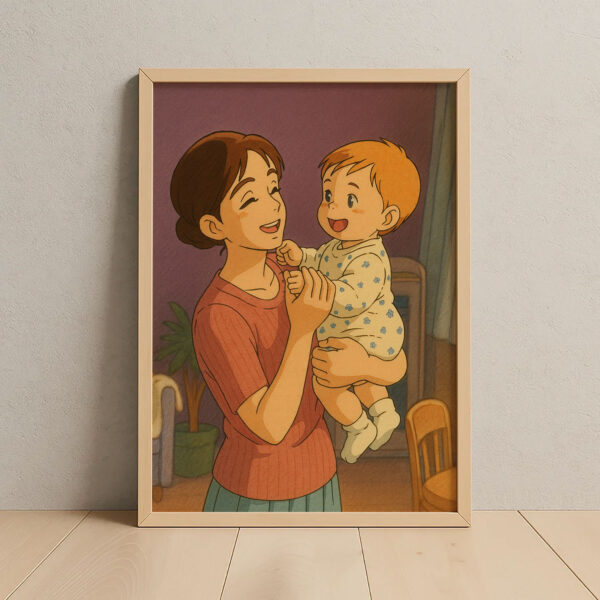 Heartwarming Illustrated Art: Mother Hugging Baby in Cozy Orange Blanket – Perfect for Nursery Decor and Gift Ideas - Image 7