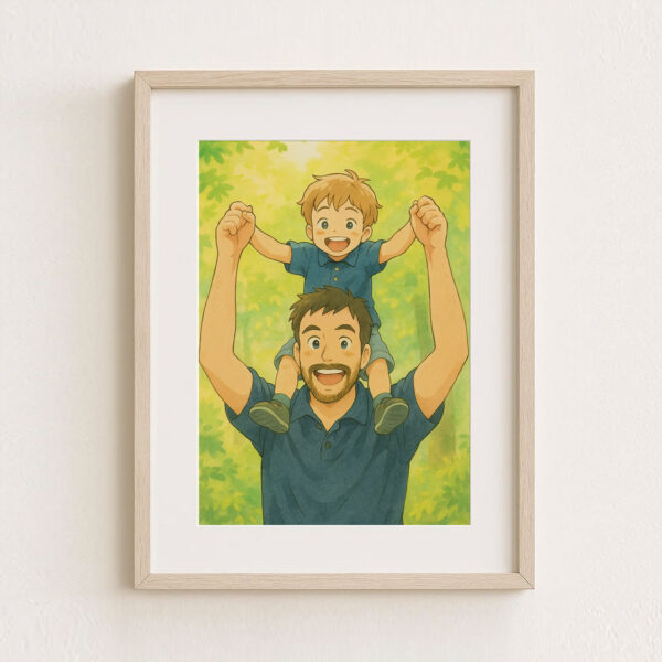 Charming Cartoon Style Artwork of Father and Son Enjoying Nature - Perfect for Family and Kids' Room Decor - Image 7