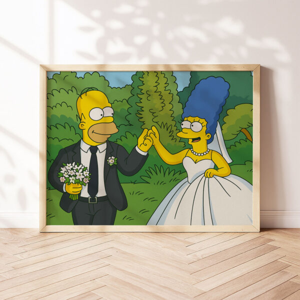 Whimsical Cartoon Wedding Art Print Featuring Homer and Marge in Iconic Simpsons Style - Image 7