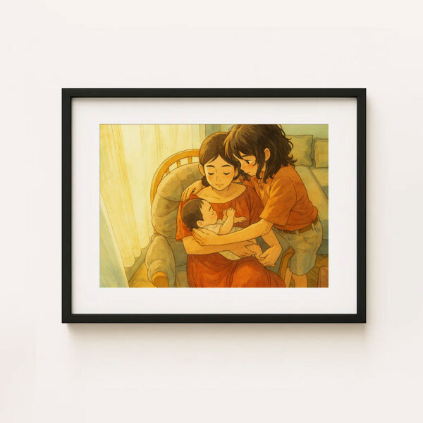 Heartwarming Illustration of a Mother Embracing Her Baby - Cozy Home Decor Art Print in Smooth Cartoon Style - Image 7