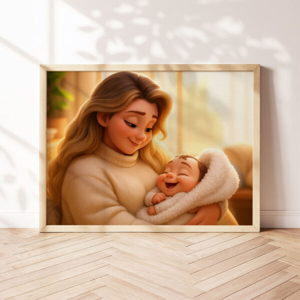 Heartwarming Cartoon Art Print of Mother and Baby Cherishing a Sweet Moment Together – Perfect Decor for Nursery and Home - Image 7