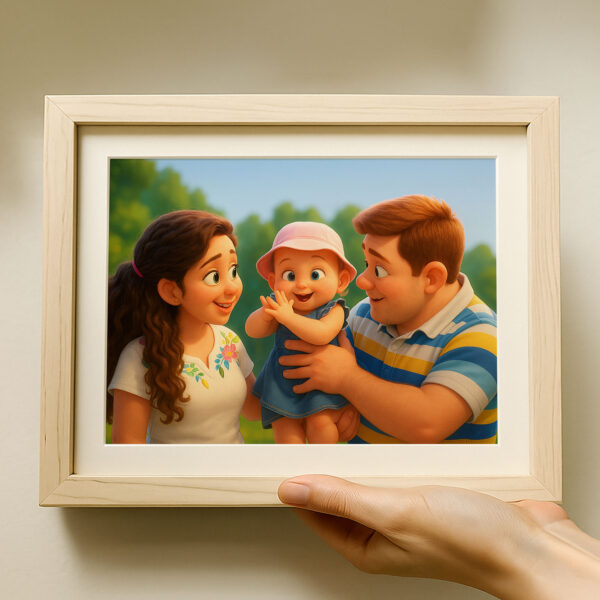 Charming Family Portrait: Heartwarming Cartoon Art Featuring Joyful Parents and Baby - Image 6