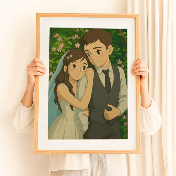 Charming Vintage Wedding Art Print: Joyful Couple in Elegant Attire with Floral Bouquet - Image 7
