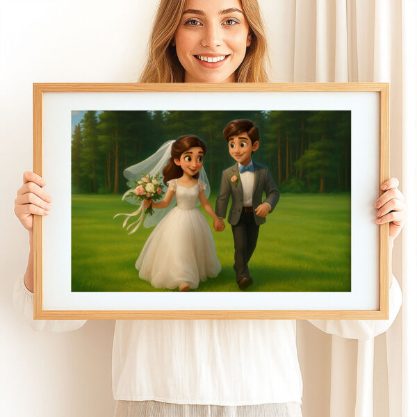 Charming Cartoon Wedding Portrait of a Bride and Groom in a Lush Forest Setting - Image 7