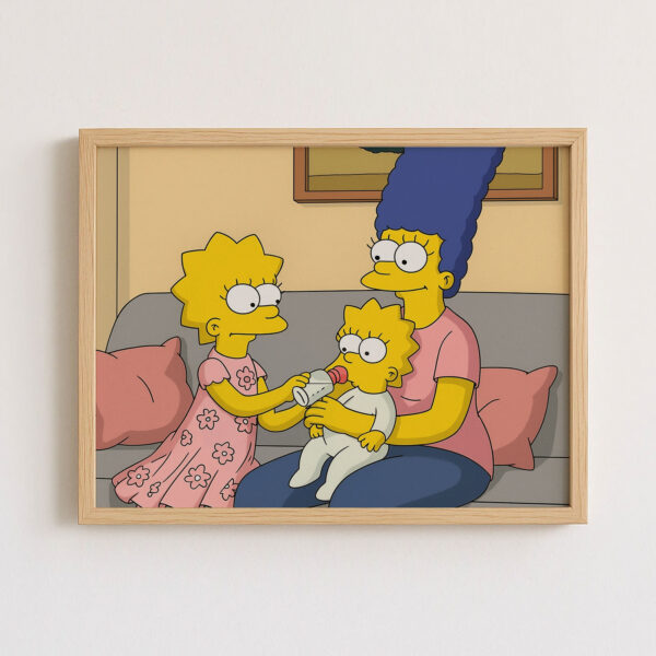 Charming Family Art: Simpsons-Inspired Illustration of a Mother Holding Her Baby in a Cozy Living Room Setting - Image 7