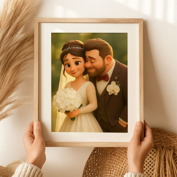 Whimsical Wedding Portrait: Charming Animated Style Art of Bride and Groom Embracing, Perfect for Love Celebrations - Image 7