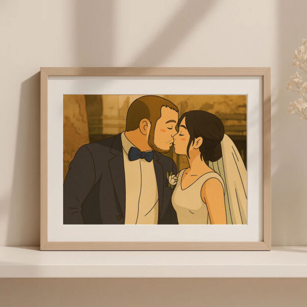 Romantic Animated Wedding Kiss Artwork in Soft Pastel Colors - Perfect for Home Decor and Gift Ideas - Image 7