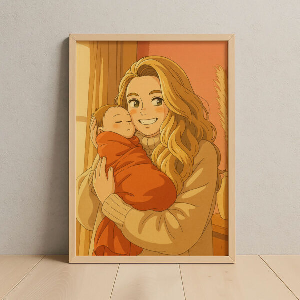 Heartwarming Anime Art: Tender Mother and Baby Embrace Illustration for Cozy Home Decor - Image 7
