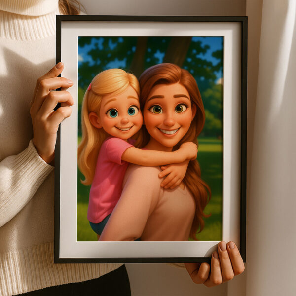 Whimsical Mother-Daughter Portrait: Heartwarming Cartoon Art for Your Home - Image 7