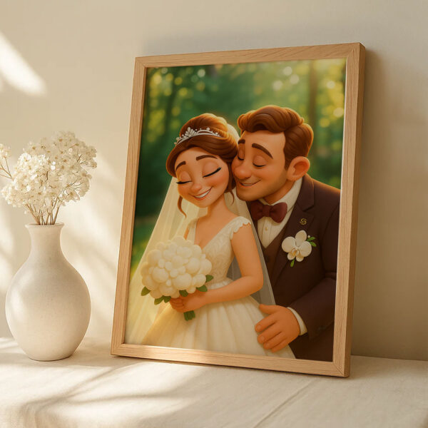 Charming Cartoon Wedding Portrait: Joyful Couple Embracing with Flowers in a Whimsical Art Style - Image 8