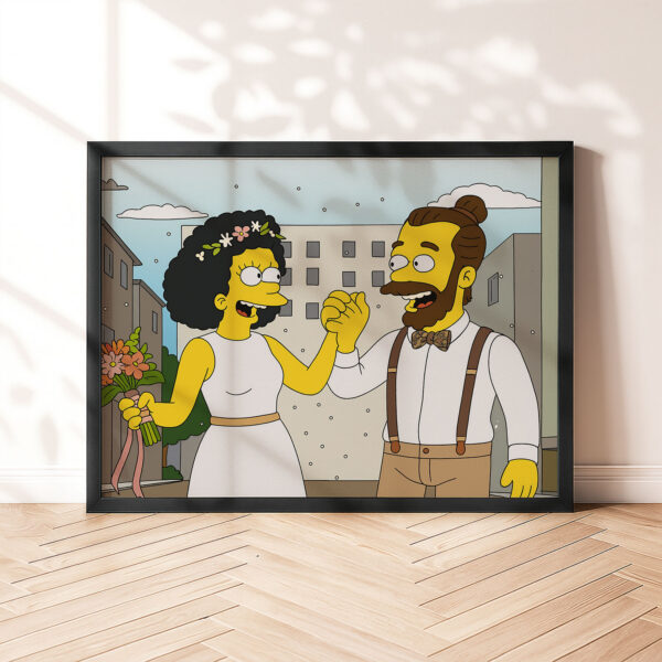 Whimsical Cartoon Wedding Art Print Featuring Cheerful Couple in Unique Animated Style - Image 8