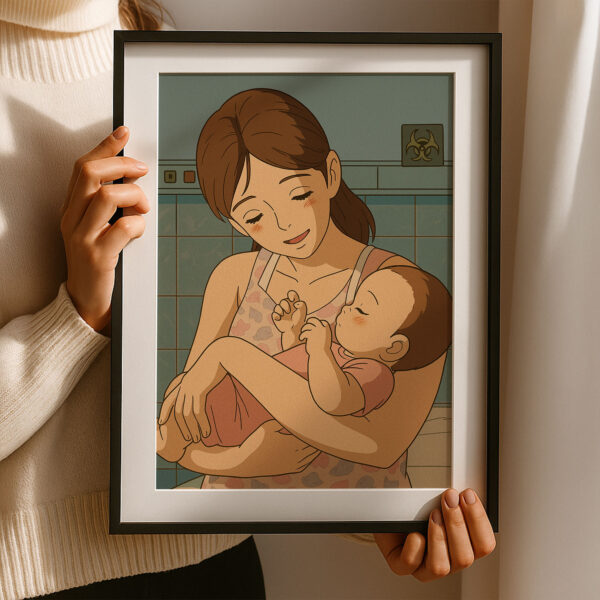 Heartwarming Illustrated Art: Mother Hugging Baby in Cozy Orange Blanket – Perfect for Nursery Decor and Gift Ideas - Image 8