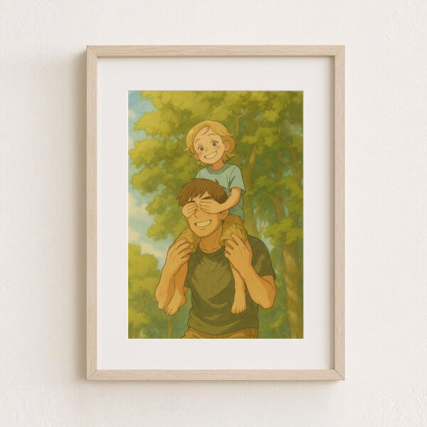 Charming Cartoon Style Artwork of Father and Son Enjoying Nature - Perfect for Family and Kids' Room Decor - Image 8