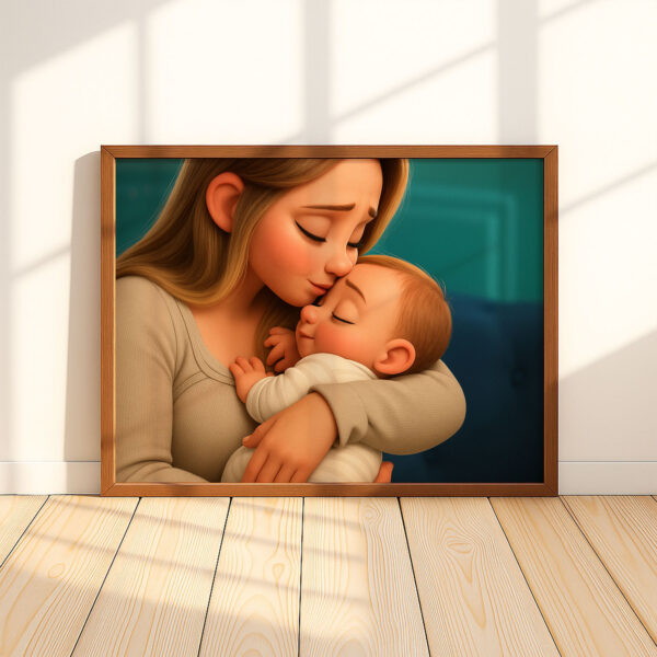 Heartwarming Cartoon Art Print of Mother and Baby Cherishing a Sweet Moment Together – Perfect Decor for Nursery and Home - Image 8